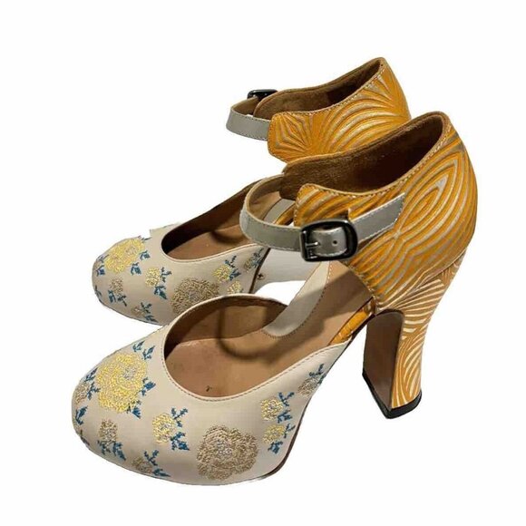John Fluevog Miracle Platform Flora Gold Beige Embroidered Heels Mary Jane Sz 7